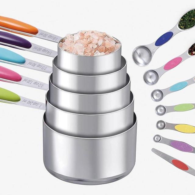 MiorBiit 12 PCS Measuring Cups and Spoons Set Stainless Steel, 5 Measuring Cups with Colorful Silicone Handle and 6 Double-Sided Magnetic Measuring Spoons & 1 Leveler for Cooking and Baking (5+6+1)