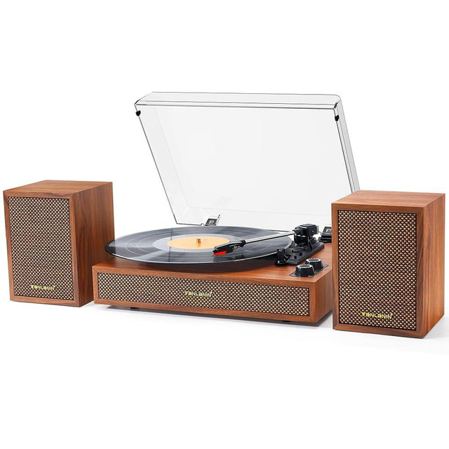 Vinyl Record Player with External Bookshelf Speakers, 33-1/3 45 78 RPM Vintage Bluetooth Stereo Turntable for Vinyl Records,Belt-Driven System,Dust Cover,Auto-Stop, Support AUX-in, RCA Out, Brown Wood