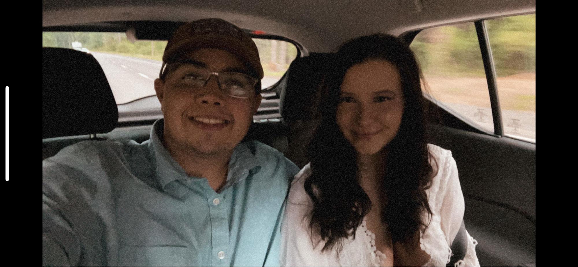 Maya and Dustin on the way to celebrate their 3 year anniversary at Benihana's 2021
