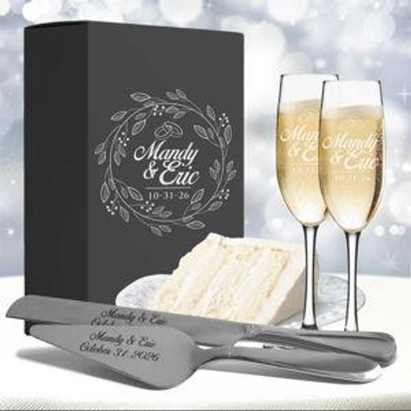 Personalized Wedding Flute and Cake Serving Set, Custom Engraved Flute and Cake Cutting Set, Toasting Flutes and Cake Server Sets (Silver)