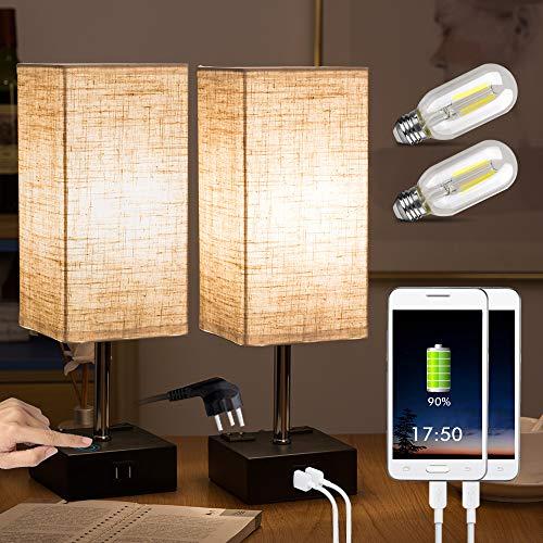 ZEEFO Touch Bedside Lamps Built-in Dual USB Charging Ports, 2 AC Outlets, Two Edison Dimmable LED Bulbs Include, Minimalist Design Touch Dimmable USB Desk Lamps Perfect for Bedroom,Office (Set of 2)