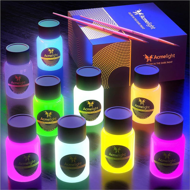 Glow in the Dark Acrylic Fluorescent Paint for Canvas - Neon Craft - Blacklight Paint Set – Art Supplies for Adults - Gift for Artists