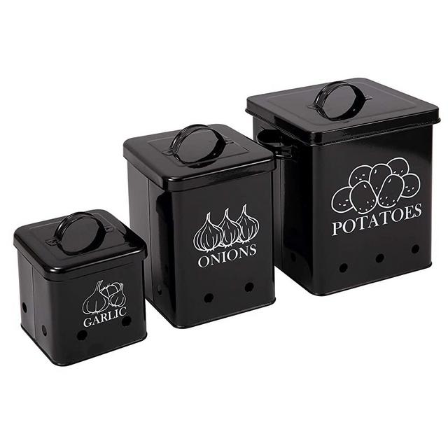 Potato Onion Kitchen Storage Canisters Jars Pots Containers 3 Pack Set - Potatoe, Garlic Bin Caddy, Long Shelf Life With Aerating Tin Storage Holes-Black