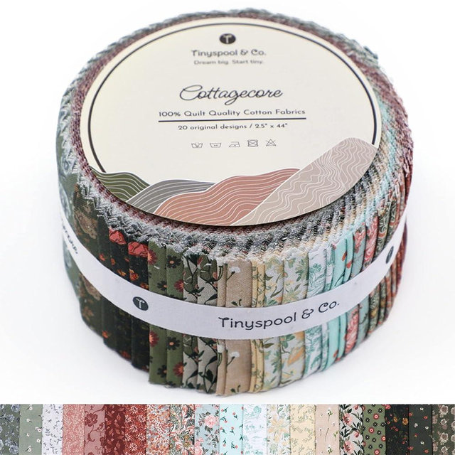 Tinyspool & Co. Jelly Roll Fabric Strips for Quilting, Crafting, and Sewing, 40 Strip Assorted Bundle, Soft Cotton for Blanket, Rug, Upholstery, Home Decor, and Purse Making, Cottagecore