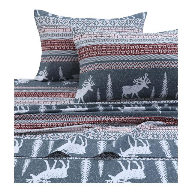 Tribeca Living Printed Cotton Flannel Extra Deep Pocket Sheet Set King - Red/Gray