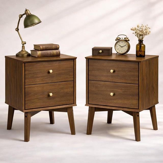 RIHHA 26" Tall Mid-Century Modern Wood Nightstands Set of 2, 18" Wide Bedside Tables with 2 Drawers, Vintage Solid Wood Legs End Tables for Bedroom - Dark Walnut
