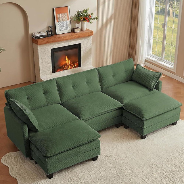 Amsleekey Modular Sectional Sofa, 111.5" U-Shaped Corduroy Comfy Sectional Couches for Living Room, 3-Seater Cloud Couches with 2 Movable Ottomans, Flexible Combination Modern Deep Seat Sofa (Green)