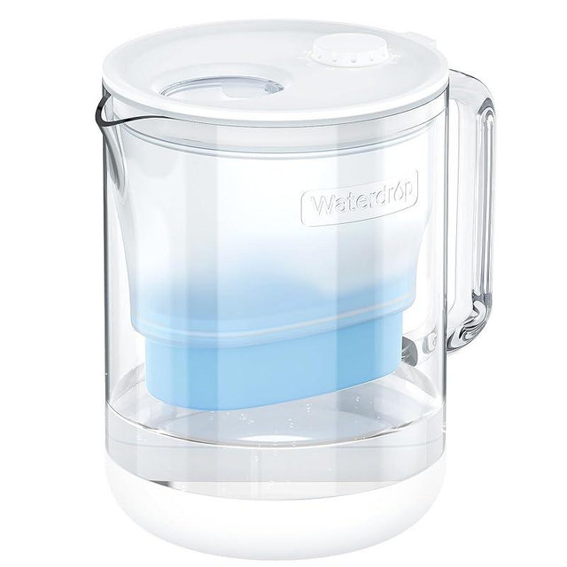 Waterdrop Glass Alkaline Water Filter Pitcher with 1 Filter, Enhances Alkaline Water, Eco-Friendly, 7-Cup, for Home & Office, Reduces PFOA/PFOS, Chlorine, Cadmium, Copper, Mercury, Clear, WD-PT-72C-A