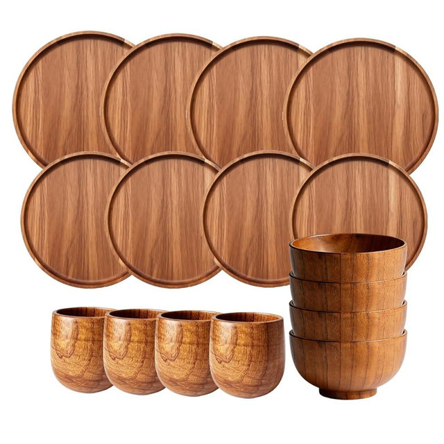 Hyonihao 16 Pcs Plates Bowls and Cups Set,Wooden Dinner Ware Set Includes 8 Inch 10 Inch Round Wooden Plates,Wooden Bowl and Cups,4 Person Dinner Ware Set for Meals,Snacks and Desserts