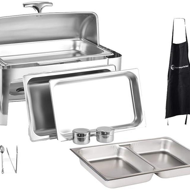 ChefQ 8qt Roll Top Chafing Dish Bundle - Durable Full-Size Chafer Stainless Steel- 1 Full Size Food/Water Pan, 1 Sectional Food Pan, 1 Tung, 1 Serving Spoon - Fuel Holders and Lid + Apron