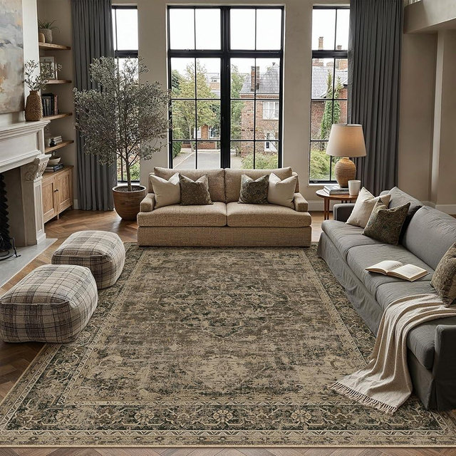 PureCozy 8x10 Washable Area Rug Brown Vintage Distressed Large Rug for Living Room Oriental Soft Thin Indoor Retro Carpet Non Slip Low Pile Floor Cover for Bedroom Dining Room Office Nursery