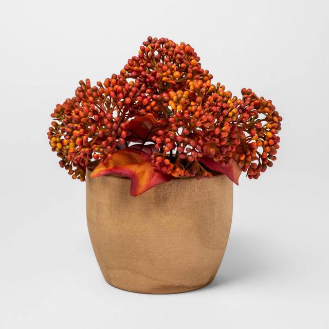 9" x 7" Artificial Sedum Arrangement in Wooden Pot Orange - Threshold™