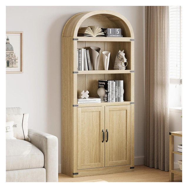 Bookcase with Doors Arched Bookshelf 71.65 in Tall Bookcase Farmhouse Cabinet with Shelves Wooden Bookshelves for Home Office,Living Room