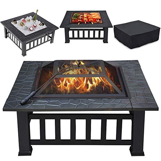 Yaheetech 32" Outdoor Metal Firepit Square Table Backyard Patio Garden Stove Wood Burning Fire Pit with Spark Screen, Log Poker and Cover