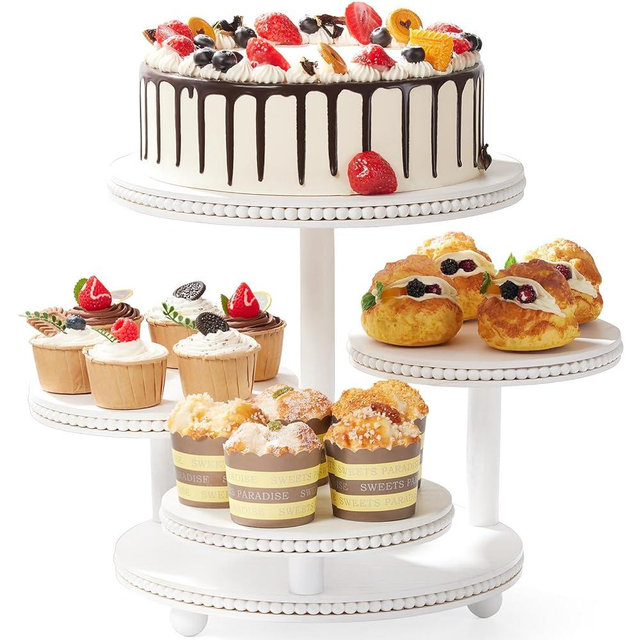VIVIRBIEN 4 Tier Round Cupcake Tower Stand Beaded, Wood Cake Stand with Tiered Tray Decor for 50 Cupcakes/Baby Shower/Birthday/Wedding/Graduation