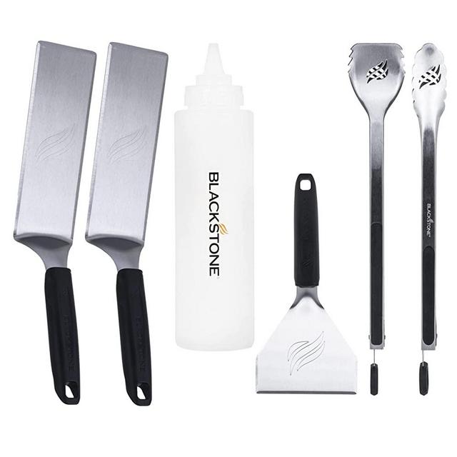 Blackstone 5464 Griddle Tool Kit Outdoor Indoor Grill BBQ Utensils Cooking Accessories-Heat Resistant– 2 Long Spatulas, 2 Angled Scraper Classic Tong, 1 (32oz) Squeeze Bottle, Black, Silver, White