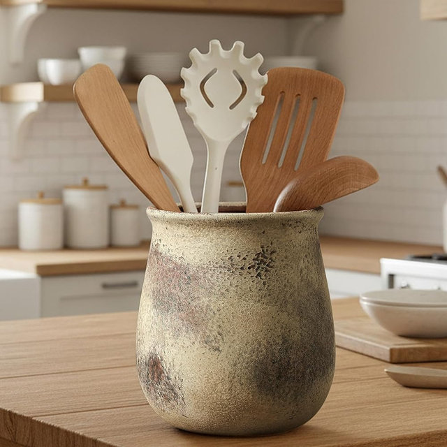 Jemirry 6.8" H Wide Mouth Large Capacity Rustic Utensil Holder for Kitchen Counter, Modern Farmhouse Cooking Utensil Crock and Holder Home Kitchen Decor, Vintage Ceramic Utensil Organizer