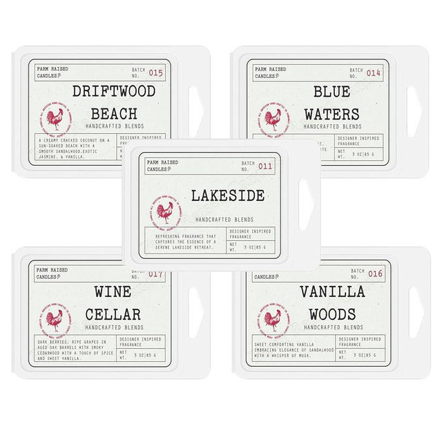 Farm Raised Candles - USA Made - Hand Crafted - Summer Soy Wax Melts – 16 Ounce 5-Pack Variety Melt Lakeside, Driftwood, Blue Waters, Wine Cellar, Vanilla Woods – Clean Burn, Pet-Safe, Phthalate-Free