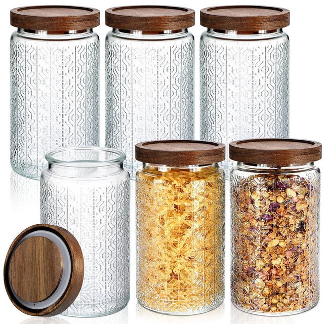 Domensi 6 Pcs Vintage Glass Jars 34 oz Glass Storage Jars with Lids Window Pattern Airtight Storage Containers for Kitchen Counter, Pantry, Coffee Bean, Grains, Tea, Sugar, Flour, Candy, Oats