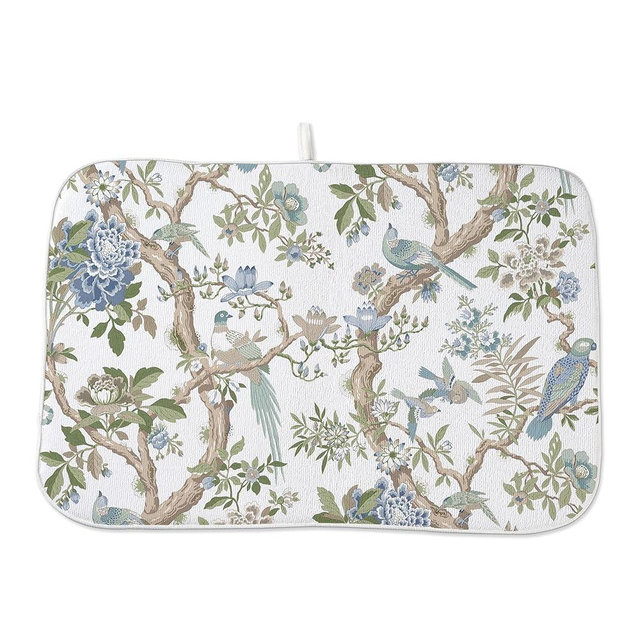 Blue Green Floral Bird Dish Drying Mats 18x24 Inch Blue Green Vintage Flowers Bird Chinoiserie Decorative Drying Mats Outdoor Kitchen Decor Coffee Bar Mat for Kitchen Dining Room