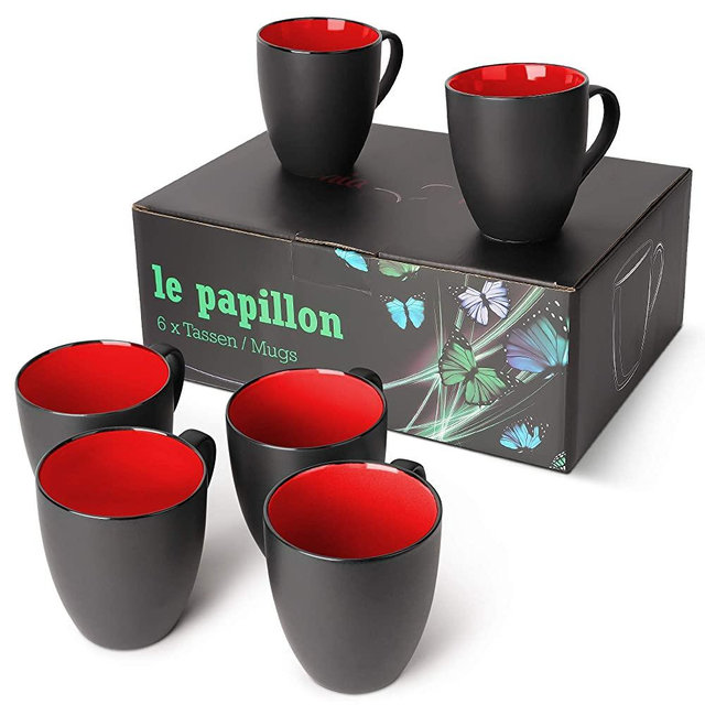 MiaMio - Set of 6 Stoneware Coffee Mugs 12 Ounce / Cup Set Outside Black Inside Colourful (Red)