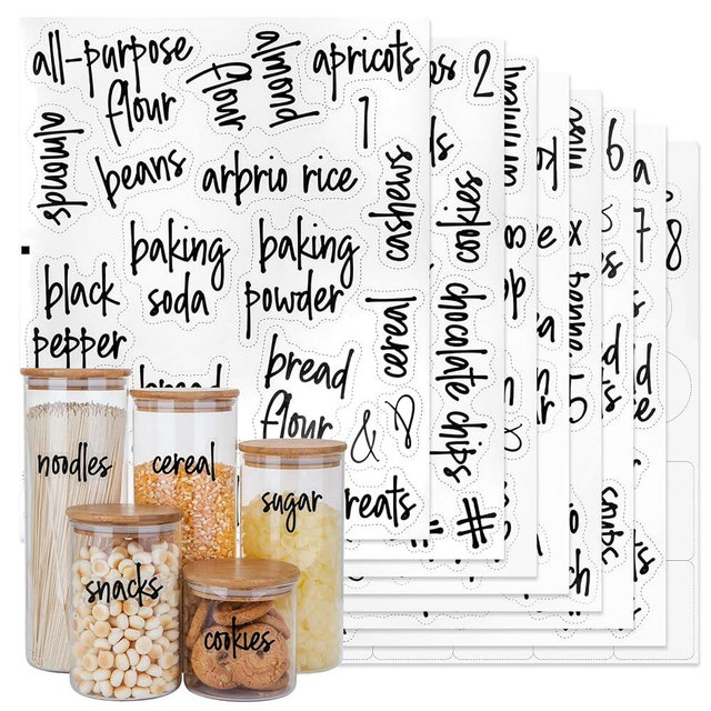 170PCS Food Pantry Labels, Kitchen Container Storage Labels Spice Organize Storage Jars Boxes Bottles Preprinted Black Script Clear Stickers - Water and Oil Resistant