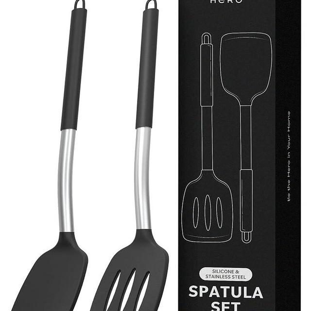 2 pack Kitchen Utensils Set - Kitchen Gadgets - Stainless Steel and Silicone Spatula, Spatulas Silicone Heat Resistant - Spatula Set for Nonstick Cookware - Slotted & Solid Spatula Set for Kitchen Use