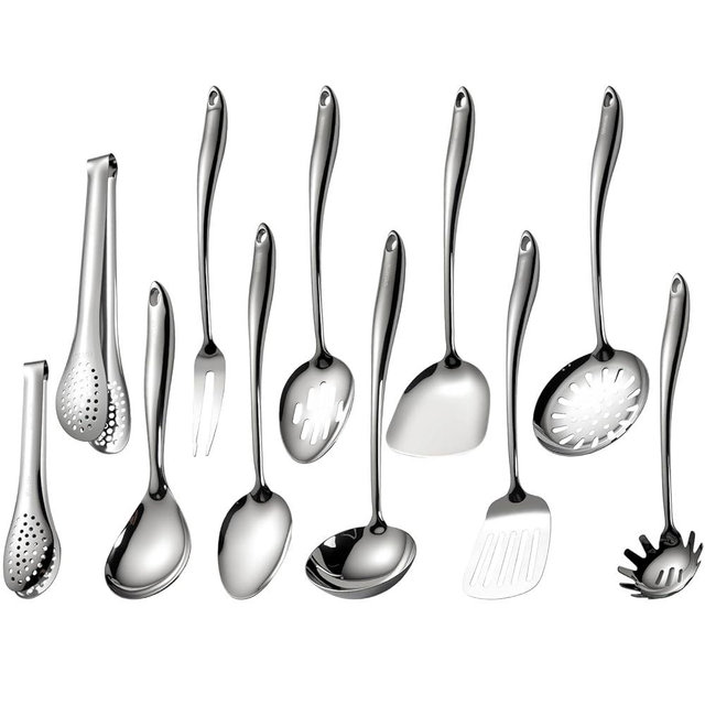 304 Stainless Steel Cooking Utensils Set, 11 PCS Long Large Metal Cooking Utensil Tools Set, Mirror Polished Kitchen Gadget Cookware and Kitchen Tool Set, Dishwasher Safe