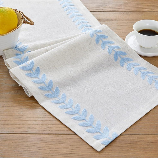 Wracra Embroidered Table Runner Irregular Willow Leaf Table Runners 108 Inches Long for Dresser Home Dining Table Decor,14 x 108 Inch, Blue