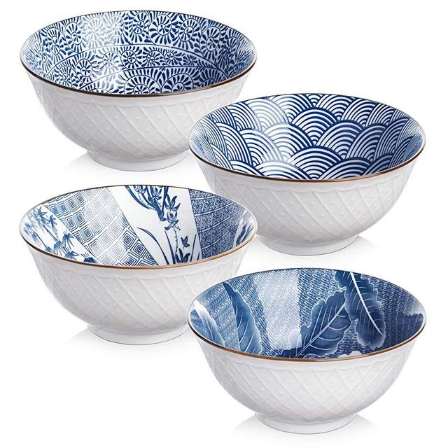 Y YHY Ceramic 24 Ounces Cereal or Soup Bowls, Bowl Set for Salad and Pasta, Assorted Blue White Patterns, Set of 4