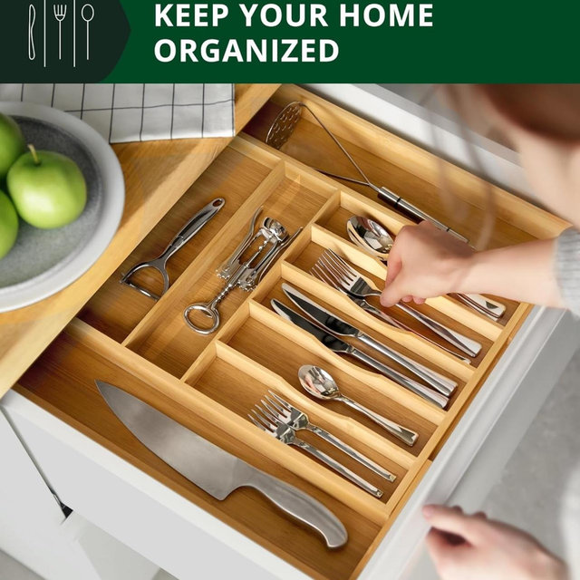 ROYAL CRAFT WOOD Luxury Bamboo Kitchen Drawer Organizer - Silverware Organizer, Utensil Holder & Cutlery Tray Drawer Dividers for Flatware (9 Slot, Natural)