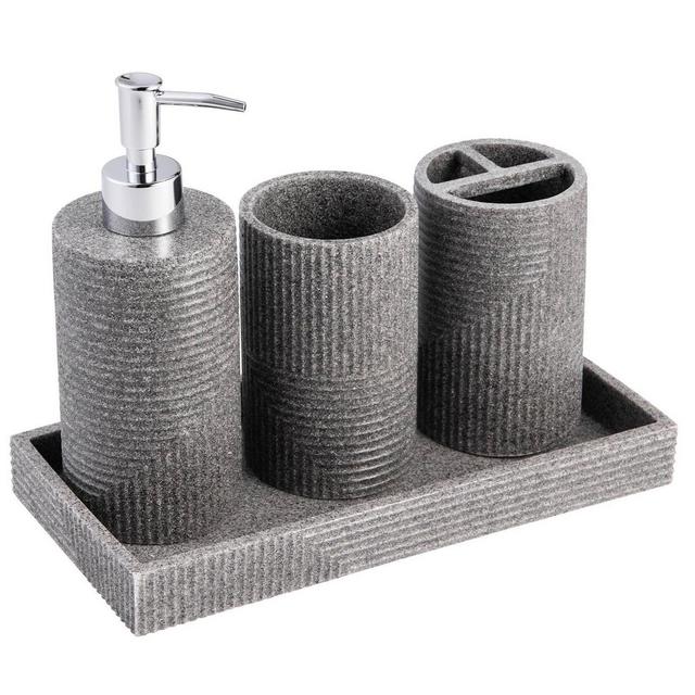 4pc Sedona Stone Resin Sand Effect Bath Accessory Set Gray - KRALIX
