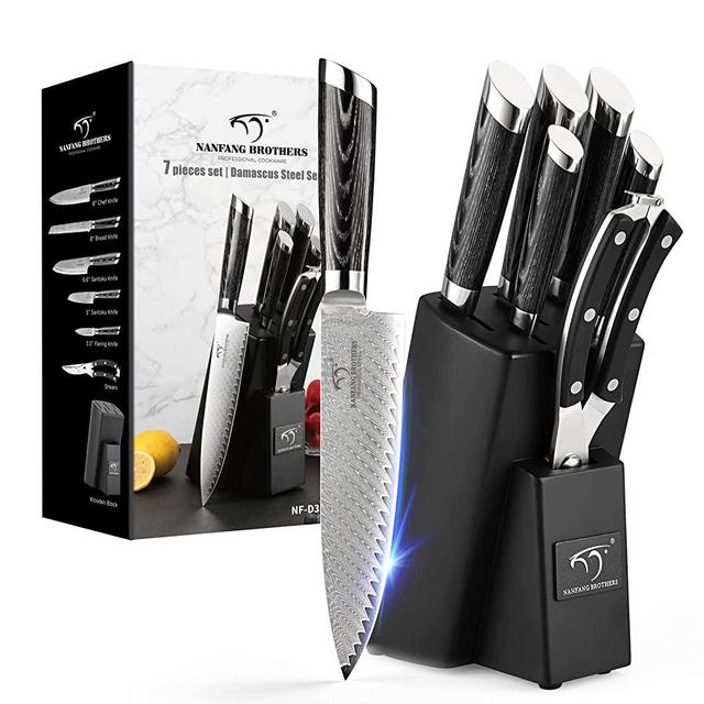 Nanfang Brothers Damascus Kitchen Knife Set w/ Ash Storage Block, 4 Pieces  