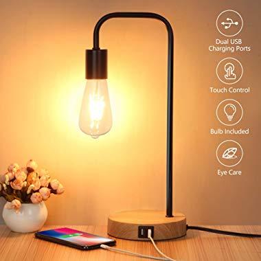 Touch Control Table Lamp, USB Desk Lamp, 3 Way Dimmable Modern Nightstand Lamp with Two USB Charging Ports for Bedroom, Living Room, Office, Dimmable Vintage 6W ST64 E26 LED Bulb Included