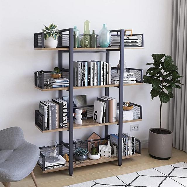 STURDIS Solid Wood Black Metal Industrial Bookshelf - 4 Tier - Visually Appealing & High Capacity for Book Storage