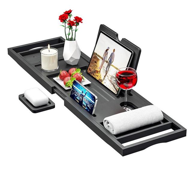 Premium Bathtub Tray Caddy - Expandable Bath Caddy Tray - Adjustable Bamboo Bath Caddy Tub Table - Unique House Warming Gifts New Home - Black