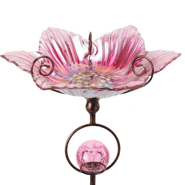 MUMTOP Glass Bird Baths for Outdoors, Flower Bird Baths Bowl with Solar Crackle Glass Globe Lights Decorations and Metal Stake for Outdoor Garden Yard Lawn Outside, Pink