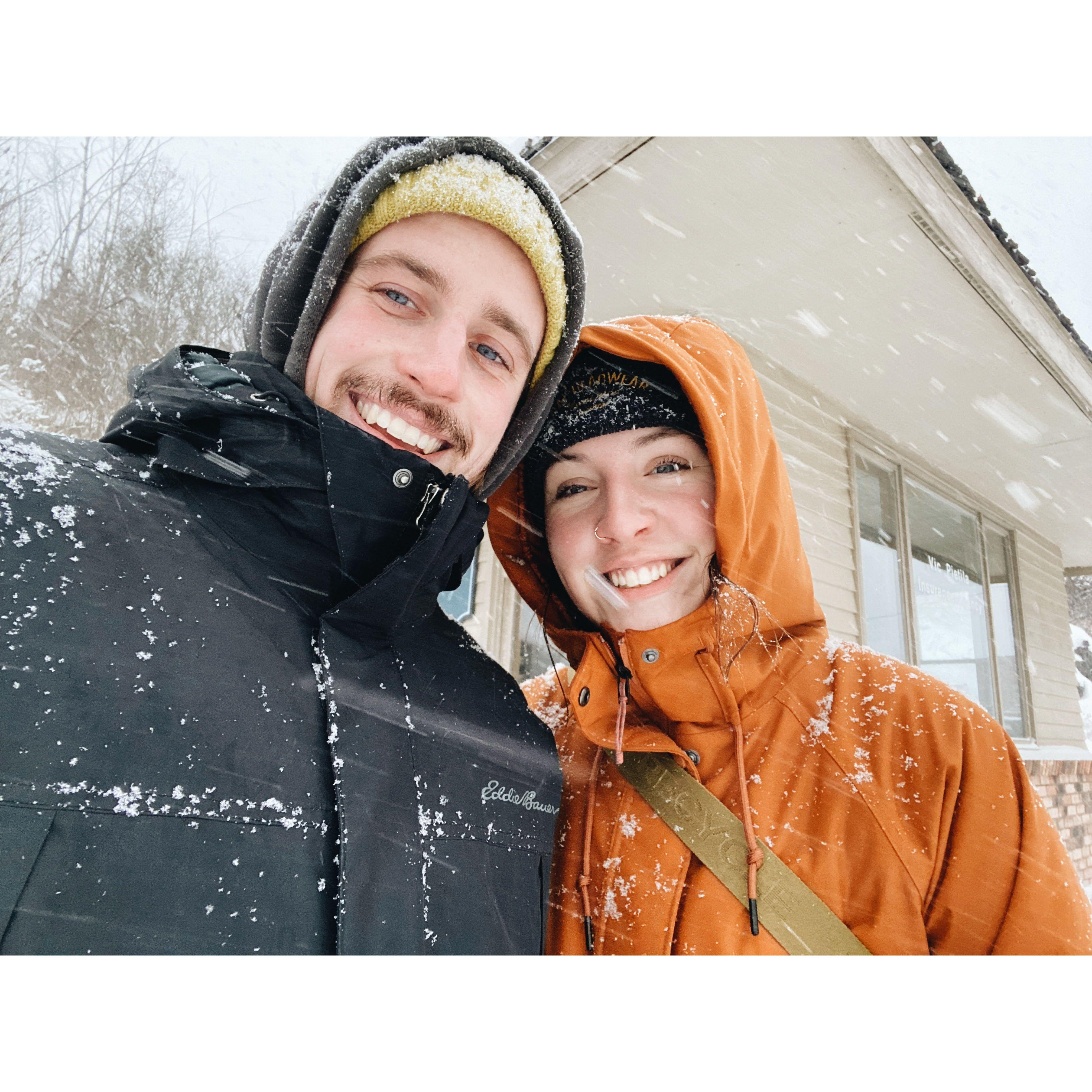 Walking downtown Houghton in snow