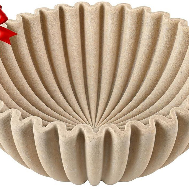12" Extra Large Decorative Bowl – Modern Handmade Bowls for Home Decor, Decorative Fruit Bowl for Kitchen Counter, Ruffle Decor, Stylish Key Bowl for Entryway Table, Beige Artificial Stone