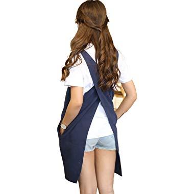 Soft Cotton Linen Apron Solid Color Halter Cross Bandage Aprons Japanese Style X Shape Kitchen Cooking Clothes Gift for Women Chef Housewarming (Navy Blue)