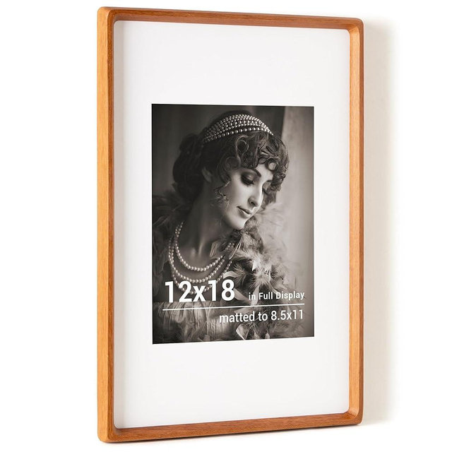 12x18 Poster Frame, USA-Sourced Teak Wood Picture Frame with HD Tempered Glass, Handcrafted Rounded Corner 12 x 18 Wooden Frames Matted to 8.5x11 Photos, Horizontal or Vertical Wall Display