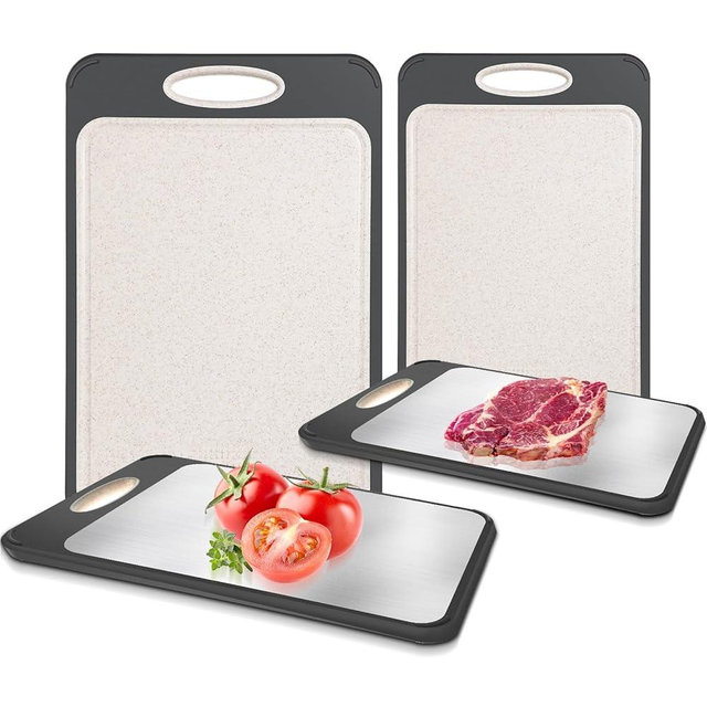 Patelai 2 Pcs Double Sided Cutting Board, 304 Stainless Steel Cutting Board, Wheat Straw PP Chopping Board for Kitchen, Easy to Clean Large Cutting Board 14 x 9.6 Inch, 15.7 x 10.6 Inch