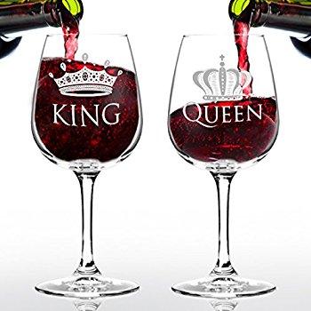 King and Queen Wine Glass Gift Set - 12.75 oz ea.- Cool Present Idea for Bridal Shower, Engagement, Wedding, Anniversary, Newlyweds, and Couples - Gift for Mom, Women, Friends or Her (Set of 2)