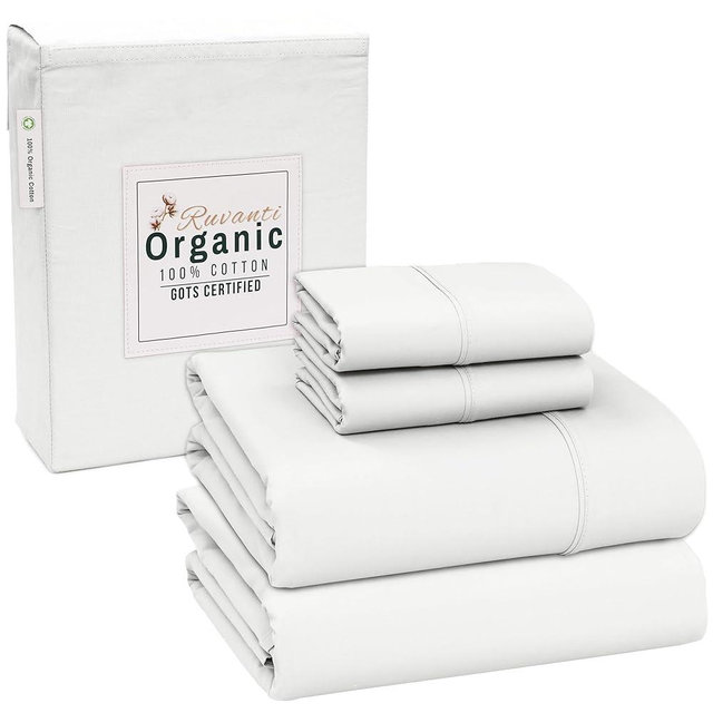 RUVANTI 100% Organic Cotton Sheets Queen Size Bed Set, 4 PC Cotton Queen Sheet Set, Soft & Breathable Crispy Percale Weave, Deep Pocket Queen Sheets, Hotel Quality Bed Sheets Queen Size -Bit of Blue