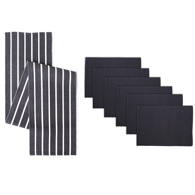 Encasa XO Table Runner and Placemats Set 6 | Fine Ribbed Cotton | Roma Grey | 1 Table Runner Size 13"x80" & Each Table Mat Size 19x13 Inch