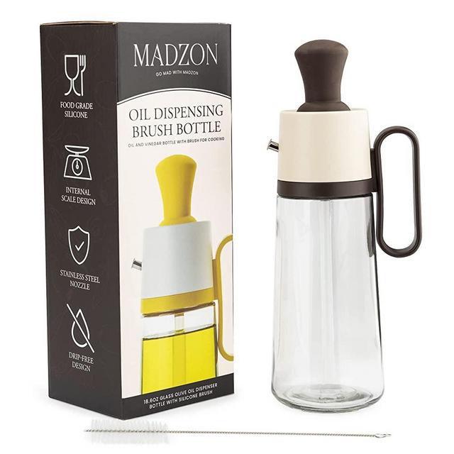 MADZON 3-in-1 Olive Oil Dispenser Bottle for Kitchen with Brush and Straw Cleaner. Pour, Drizzle or Brush Vinegar, Soy Sauce and Cooking Oil Container. 18.6oz Glass Oil Cruet/Leakproof Spout (Brown)