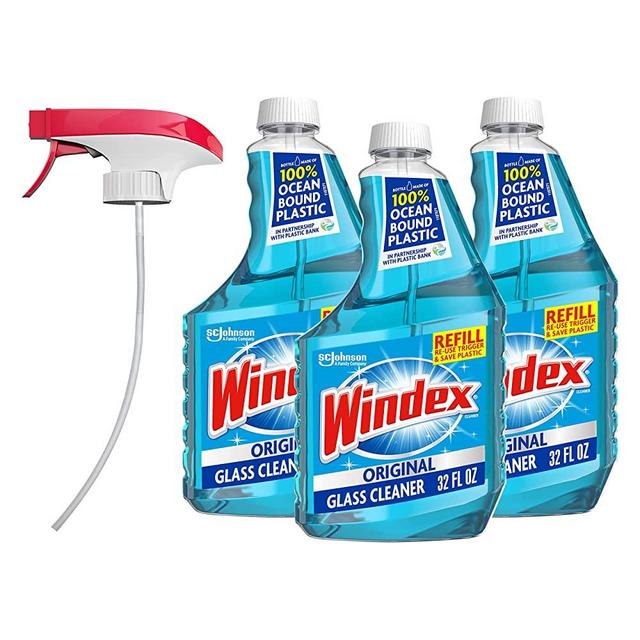 Windex Original Glass Cleaner, Refill Bottle, 32 fl oz, 3 ct, and Reusable Trigger