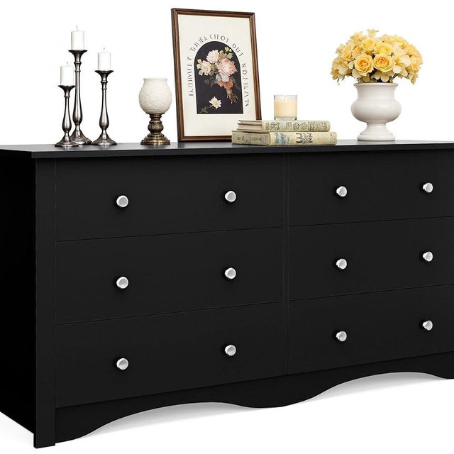 JUMMICO Black Dresser for Bedroom, 6 Wood Dresser Drawers, Wide Chest of Drawers, Storage Tower Unit, Modern Design for Bedroom, Living Room, Hallway, Entryway