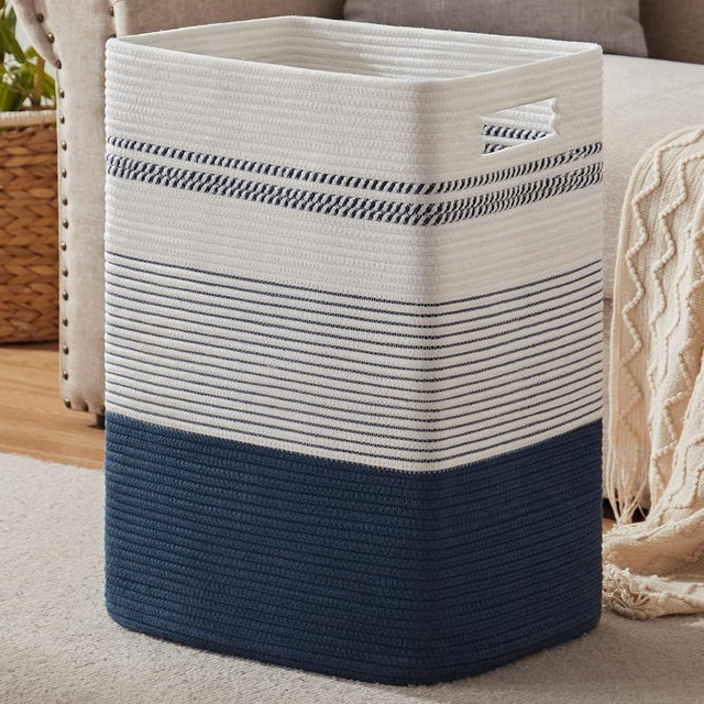 SIXDOVE Laundry Hamper, Large Woven Rope Tall Laundry Basket with Handles, 22" X 17" X 13", Decorative Storage Basket for Clothes and Blankets in Living room, Bedroom, Dark Blue& White