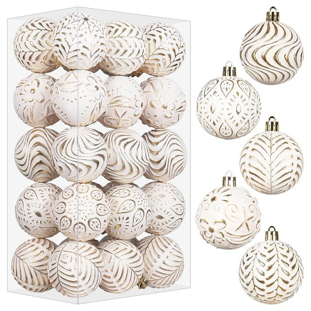 SY Super Bang 6CM/2.36" Christmas Ball Ornaments Set, 30PCS Gold/White Shatterproof Plastic Farmhouse Christmas Tree Hanging Decorations Antique Traditional Vintage Rustic Style Xmas Decor.
